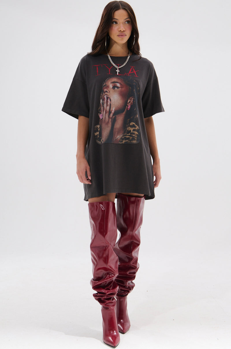 Tyla Graphic T-Shirt Dress With Distressing