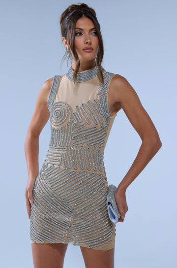 Work Of Art Rhinestone Mesh Mini Dress