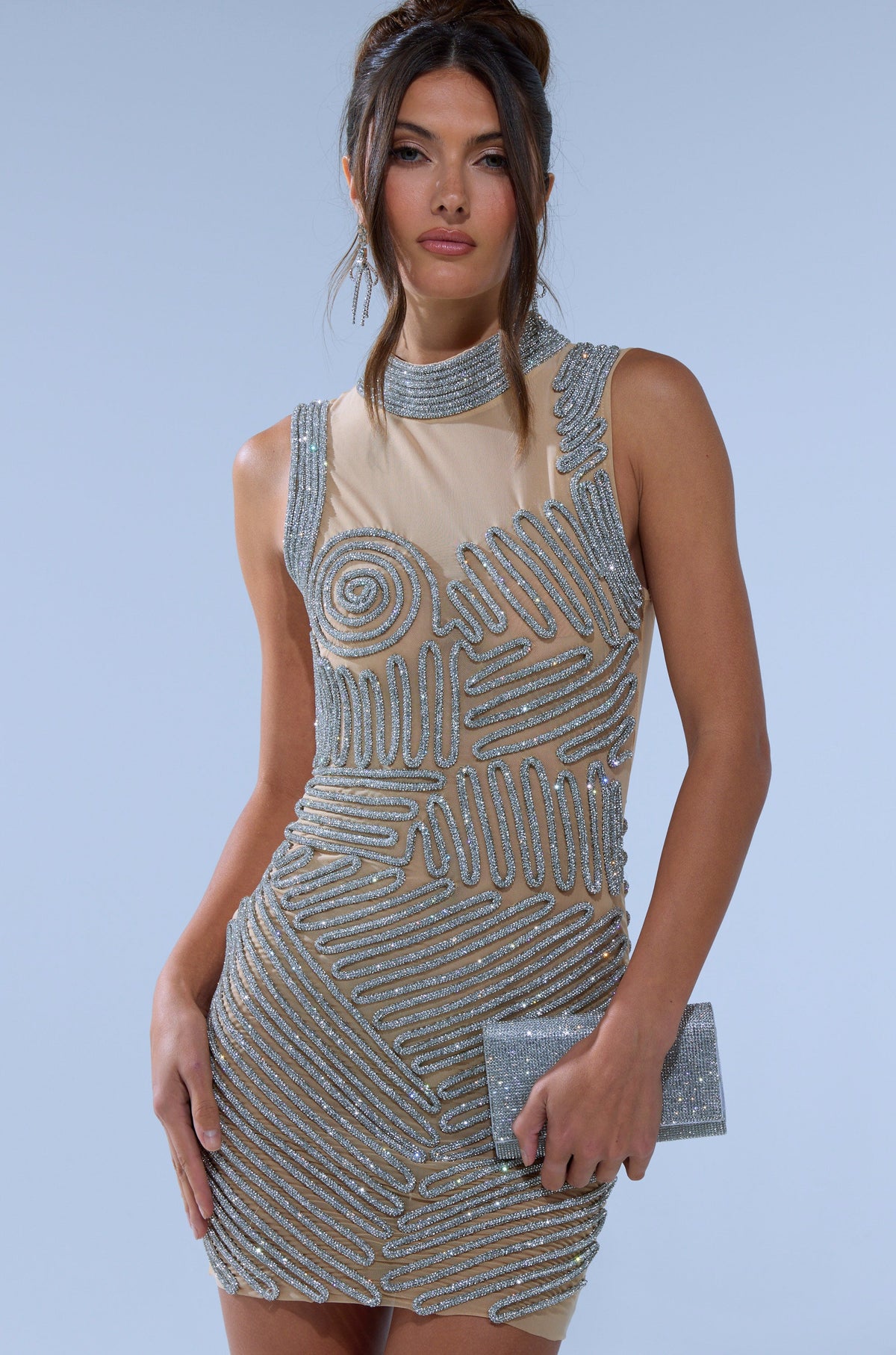Work Of Art Rhinestone Mesh Mini Dress