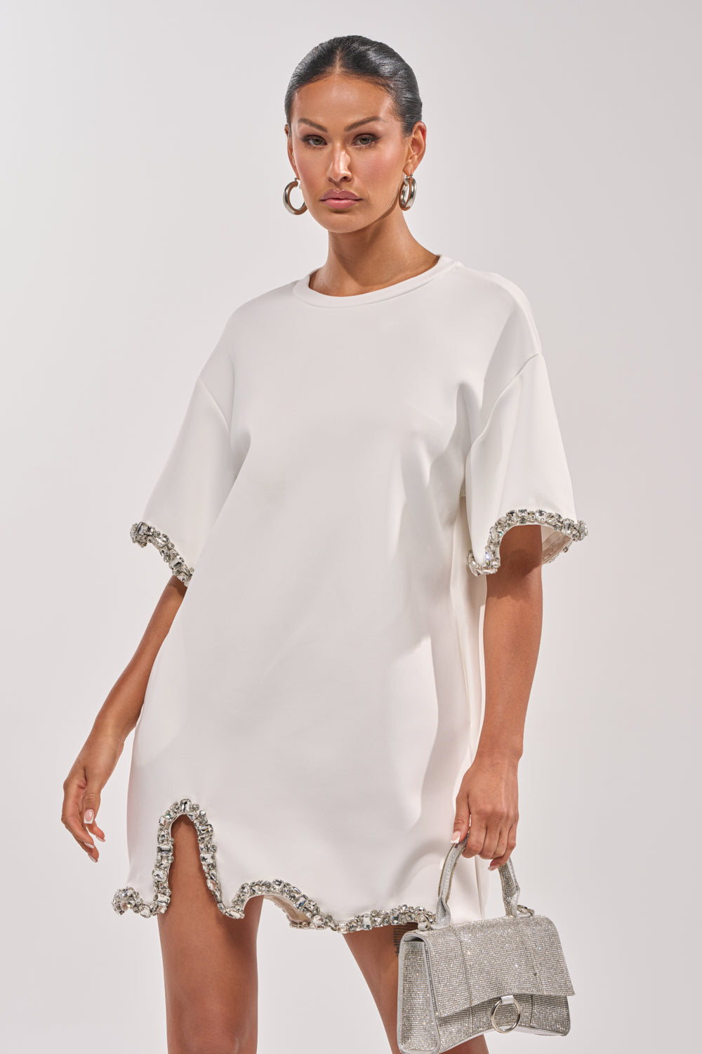 Cool Girl Embellished Tee Shirt Dress In White