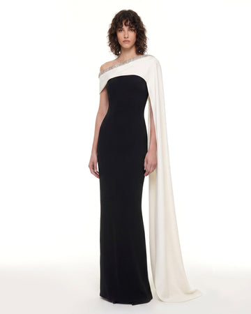 Crystal-Trim Cape Maxi Dress - Black & Ivory