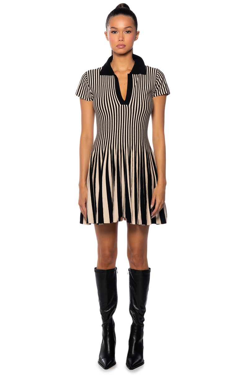 Alina Pleated Knit Fit And Flare Mini Dress In Black Multi