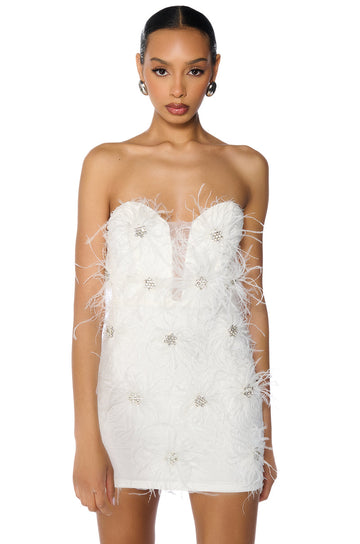 All About Me Feather Applique Mini Dress