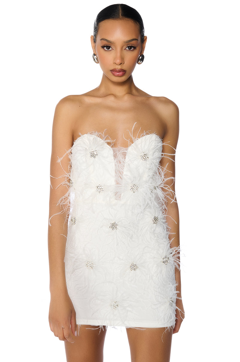 All About Me Feather Applique Mini Dress