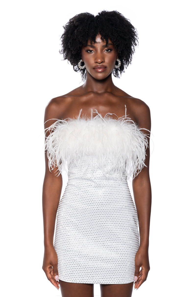 Ami Feather Detailed Strapless Mini Dress