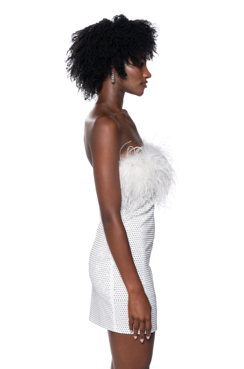 Ami Feather Detailed Strapless Mini Dress