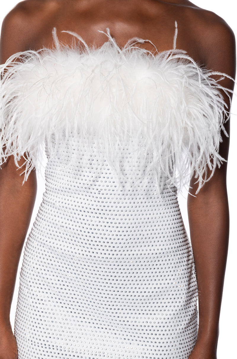 Ami Feather Detailed Strapless Mini Dress