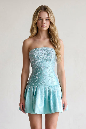 Aqua Pearl A-Line Strapless Satin Homecoming Dress With Lace-up Back
