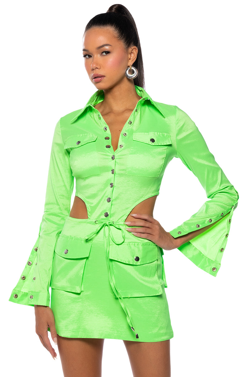 Arielle Open Back Cargo Mini Dress In Lime