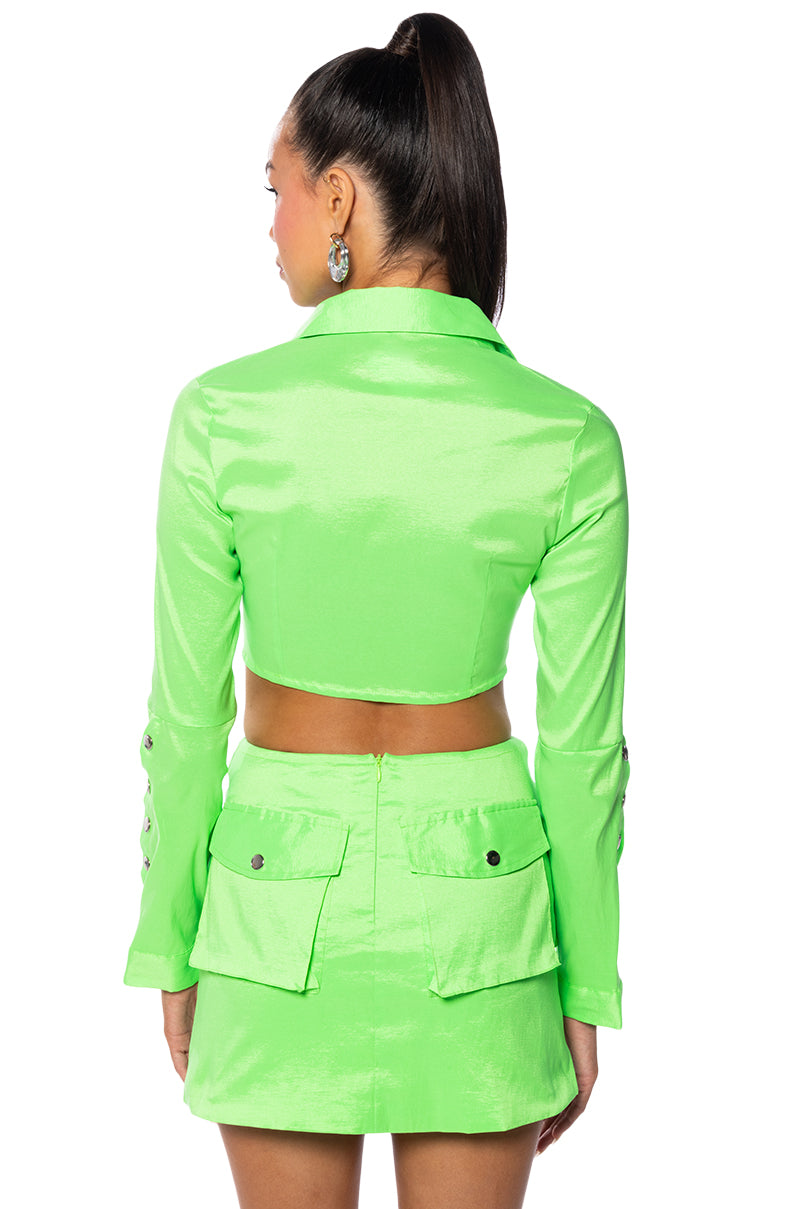 Arielle Open Back Cargo Mini Dress In Lime