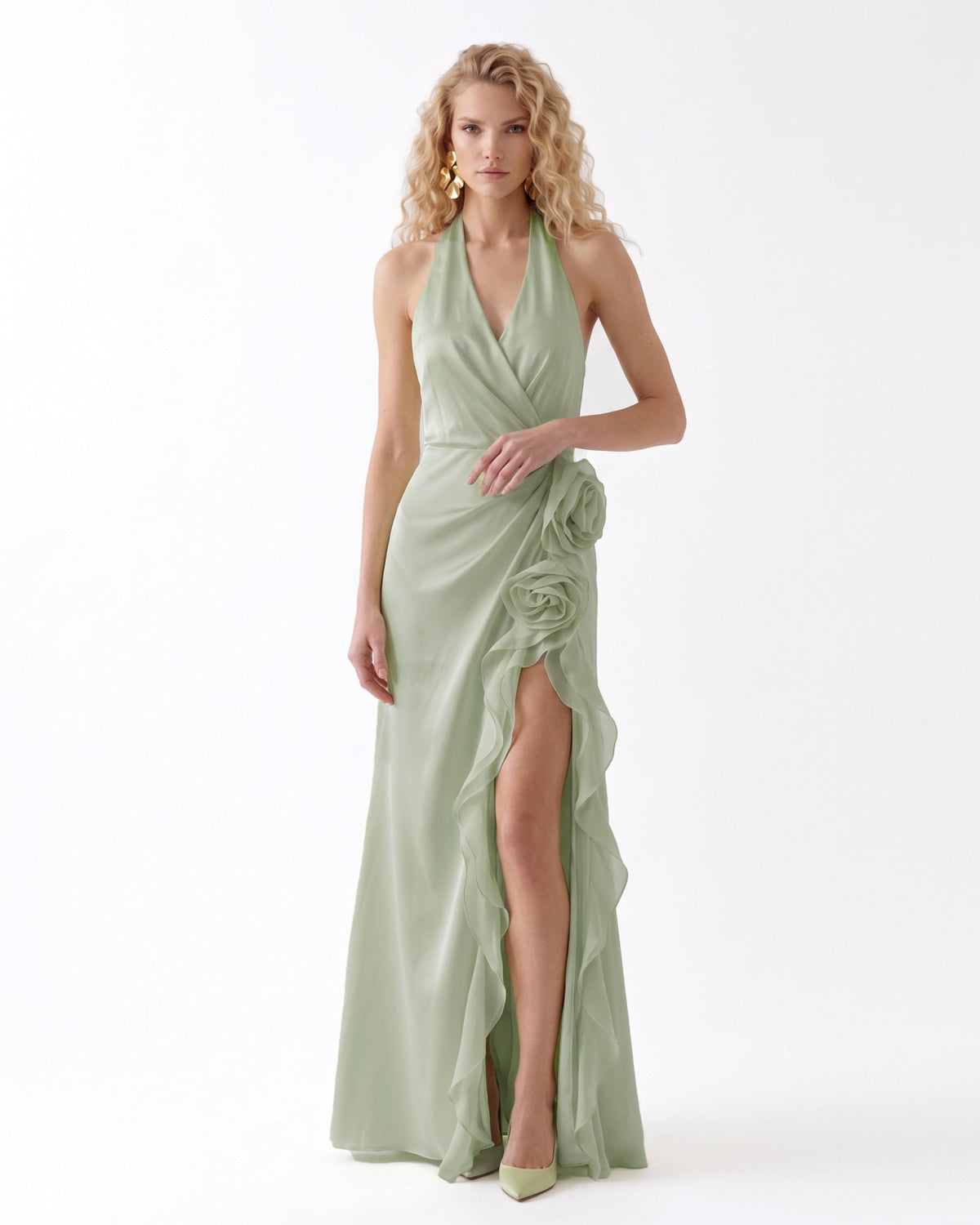 Halter Draped Rosette Slit Maxi Dress - Light Green