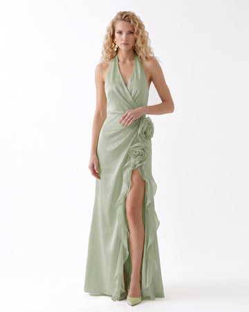 Halter Draped Rosette Slit Maxi Dress - Light Green