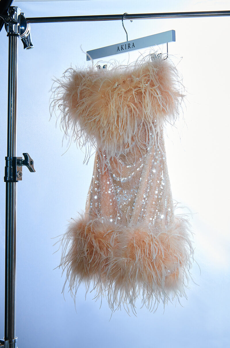Bon Anniversaire Feather Trim Sequin Mini Dress