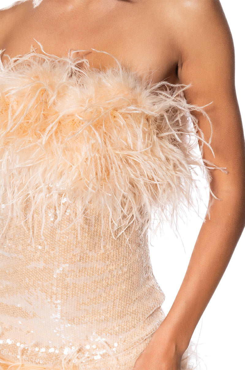 Bon Anniversaire Feather Trim Sequin Mini Dress