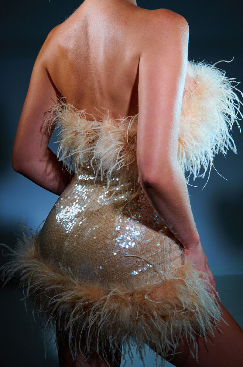 Bon Anniversaire Feather Trim Sequin Mini Dress