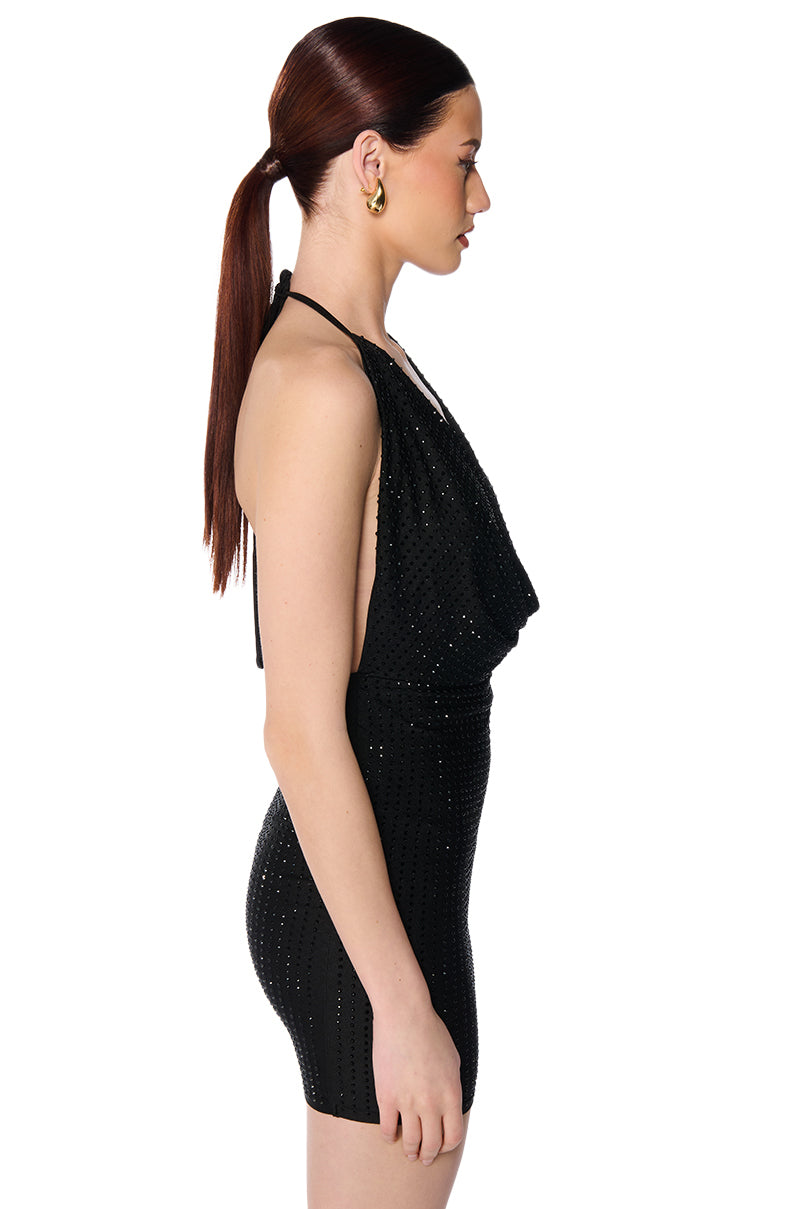 Bring It Embellished Cowl Neck Mini Dress In Black