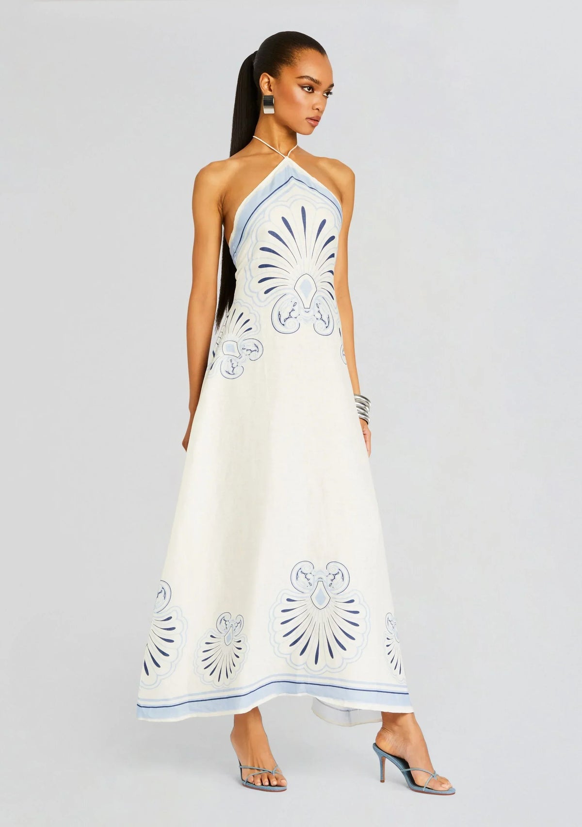 Cobalt Petal Linen Halter Maxi Dress