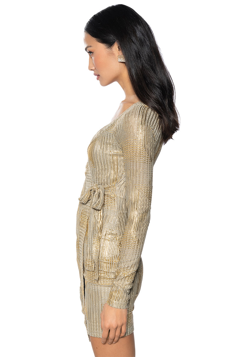Cleo Metallic Wrap Mini Dress