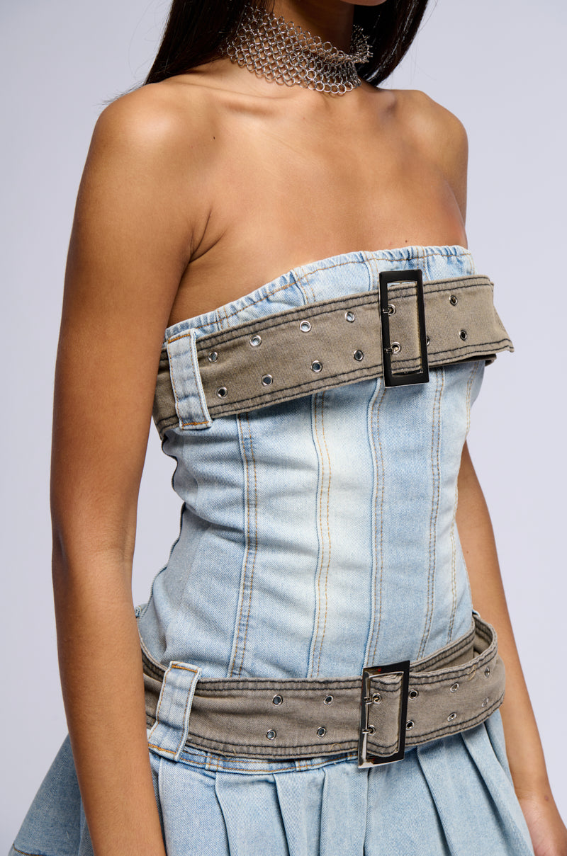 Cool Girl Club Belted Denim Mini Dress