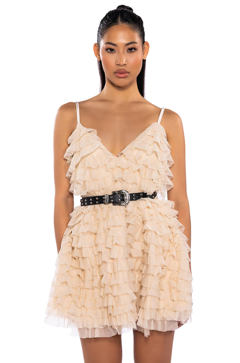 Crazy For You Belted Tiered Tulle Mini Dress