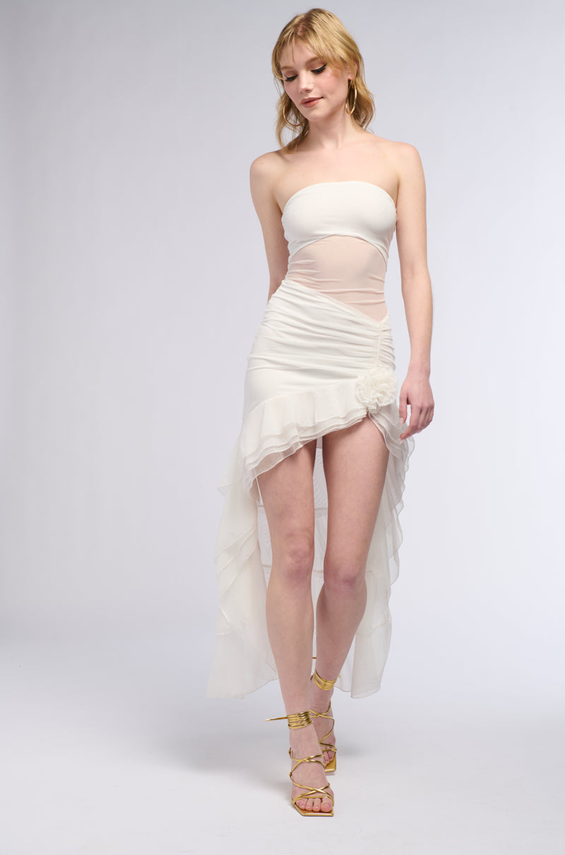 Cut It Out Mesh Hi Low Mini Dress