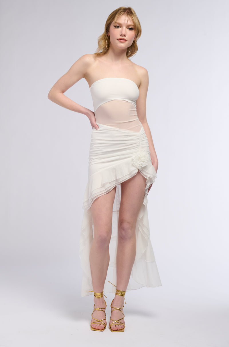 Cut It Out Mesh Hi Low Mini Dress