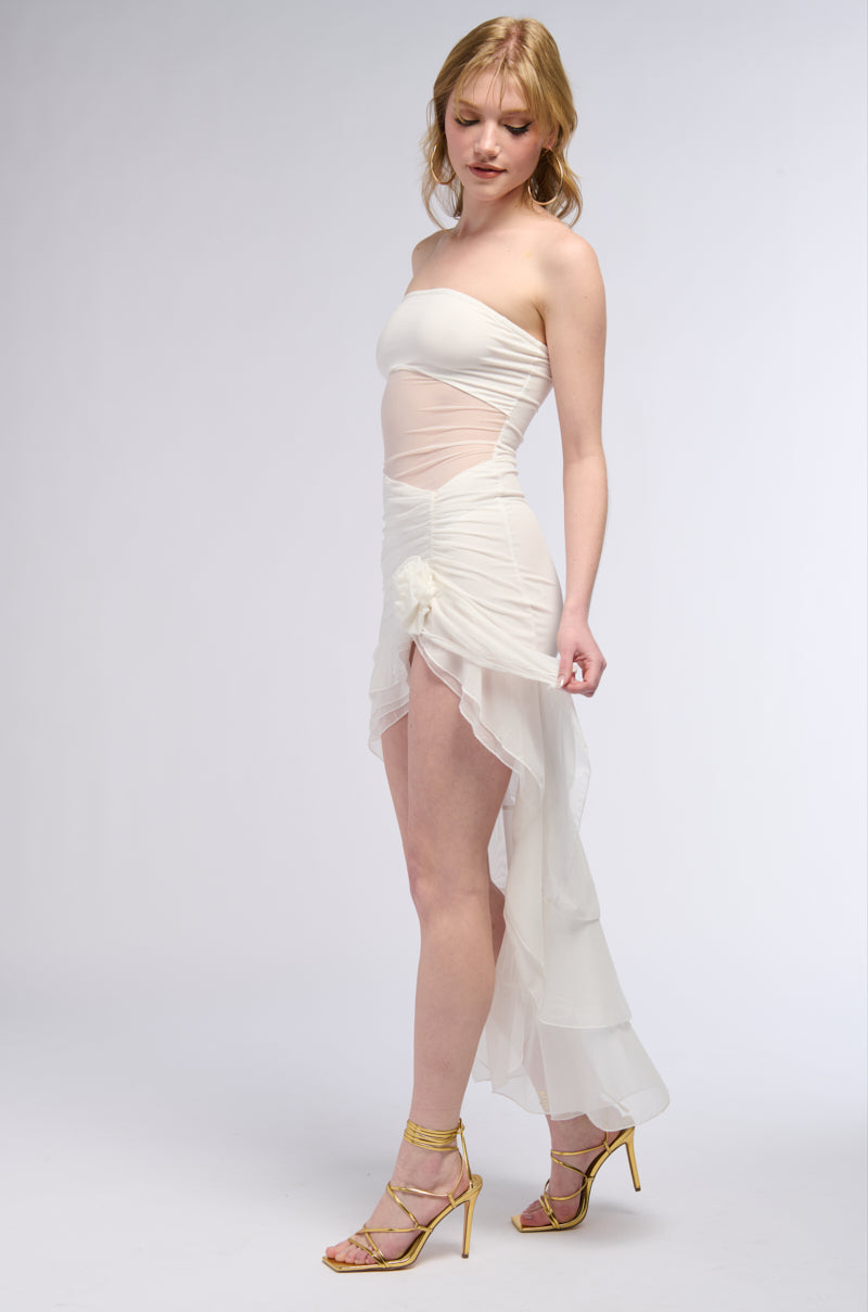 Cut It Out Mesh Hi Low Mini Dress