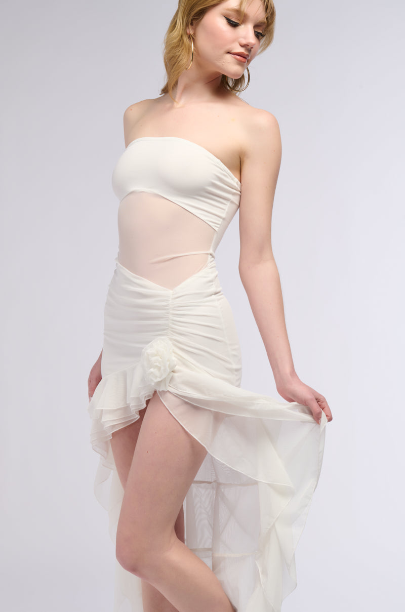 Cut It Out Mesh Hi Low Mini Dress