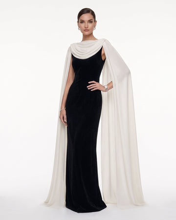 Cowl Neck Sheer Cape Maxi Gown - Black & White