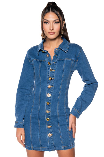 Don'T Push My Buttons Denim Mini Dress