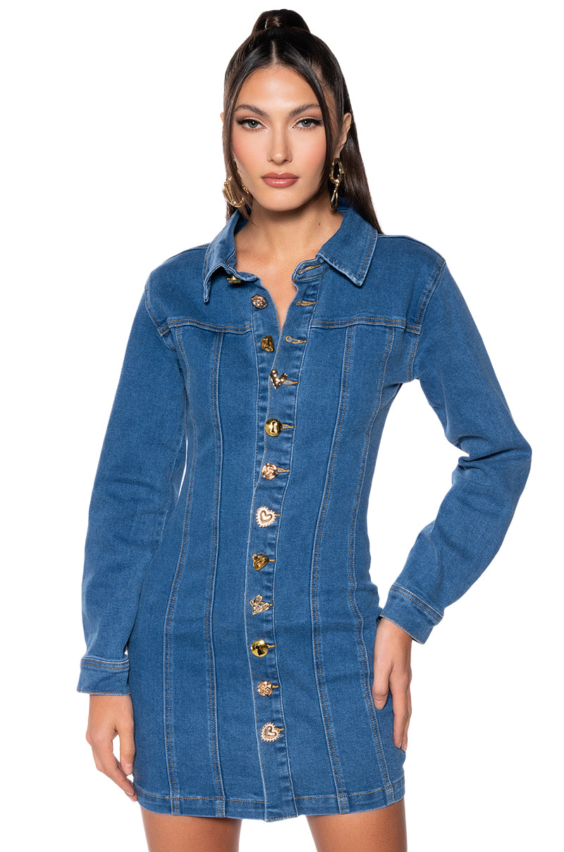 Don'T Push My Buttons Denim Mini Dress