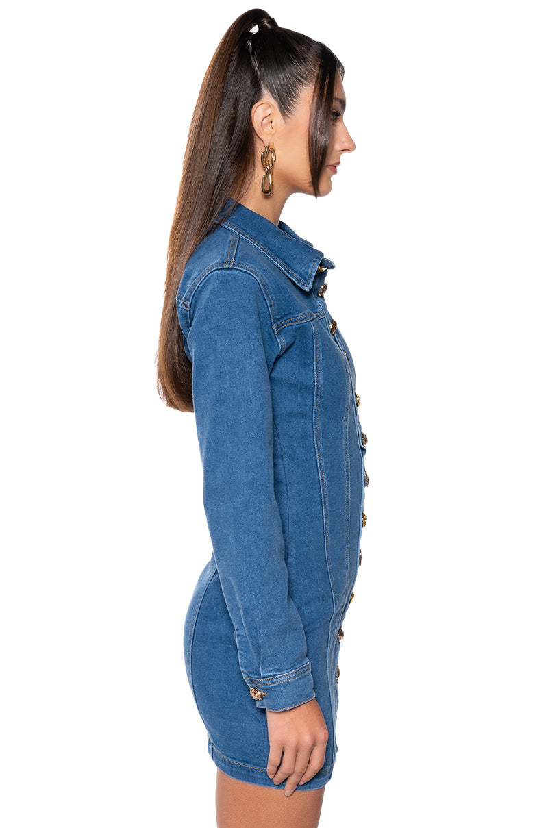 Don'T Push My Buttons Denim Mini Dress