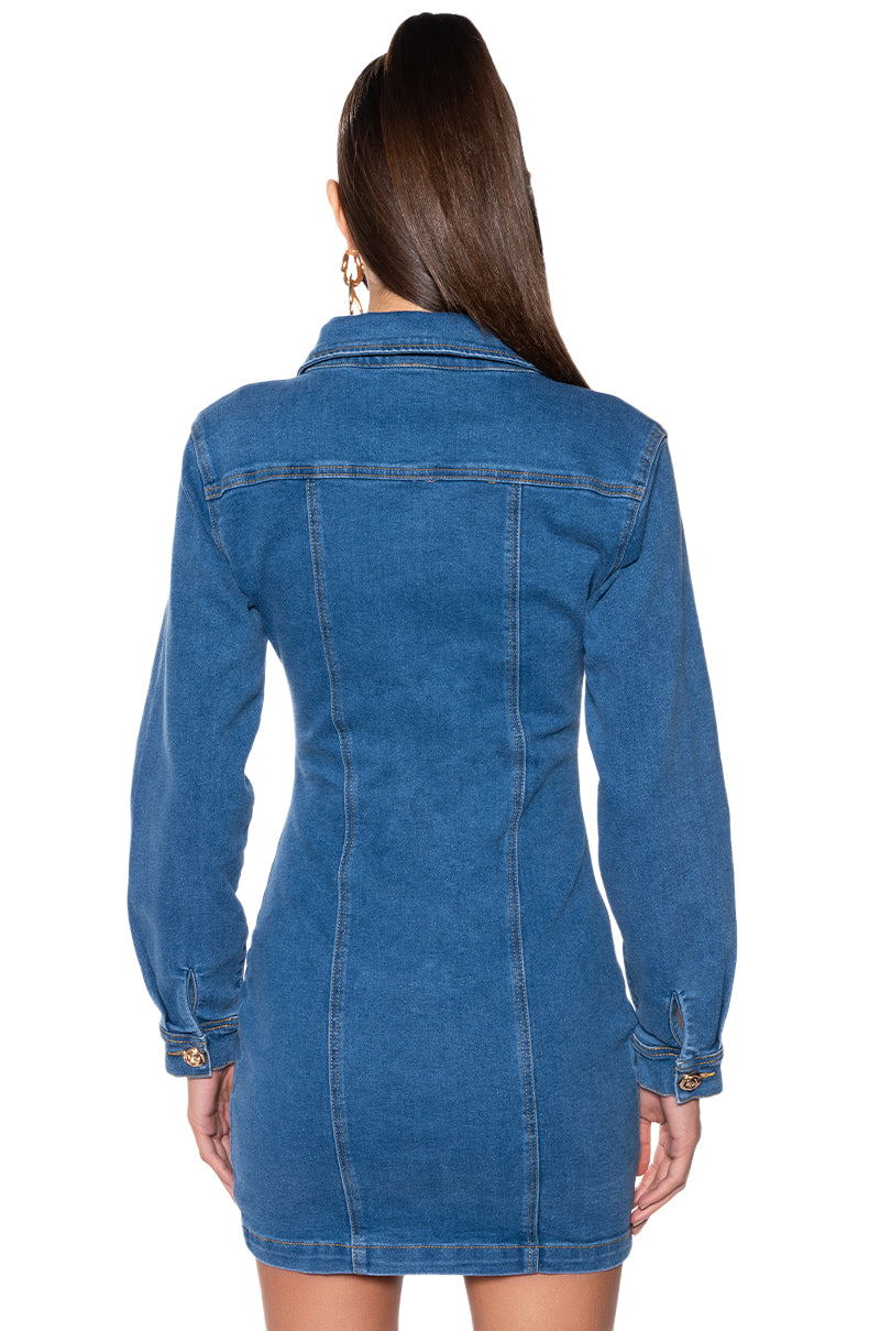Don'T Push My Buttons Denim Mini Dress