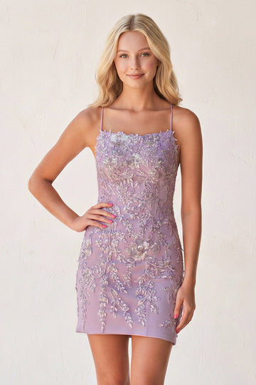 Lilac Bodycon Spaghetti Straps Sequined Mini Party Dresses with Lace Appliques