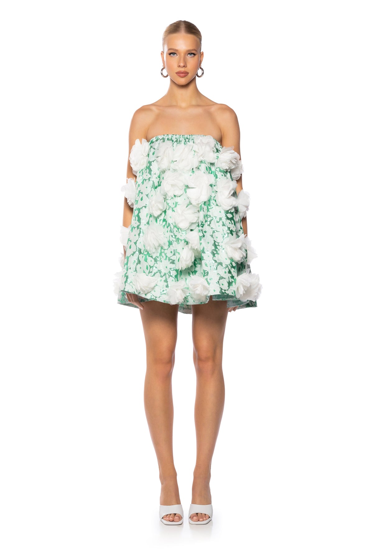 Dramatic Floral Puff Detail Strapless Mini Dress