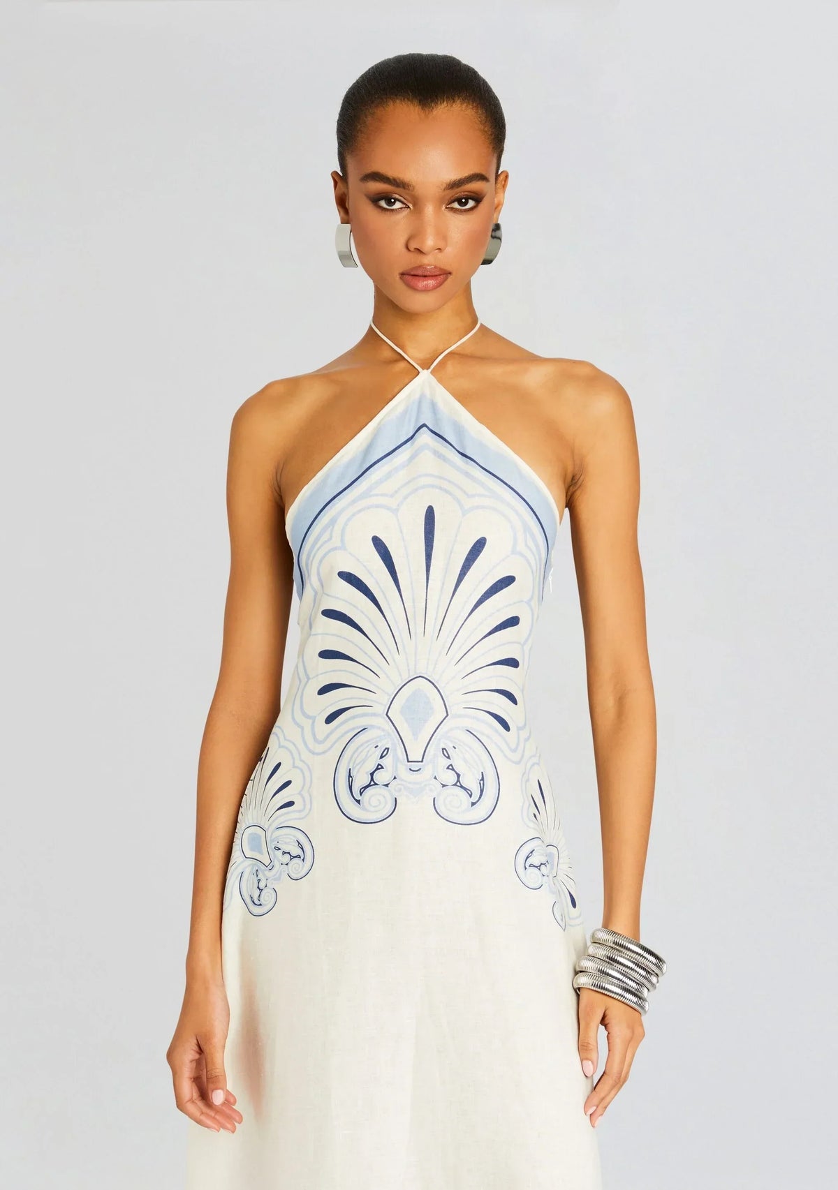 Cobalt Petal Linen Halter Maxi Dress