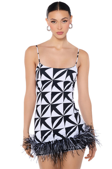 Funky Town Printed Feather Mini Dress