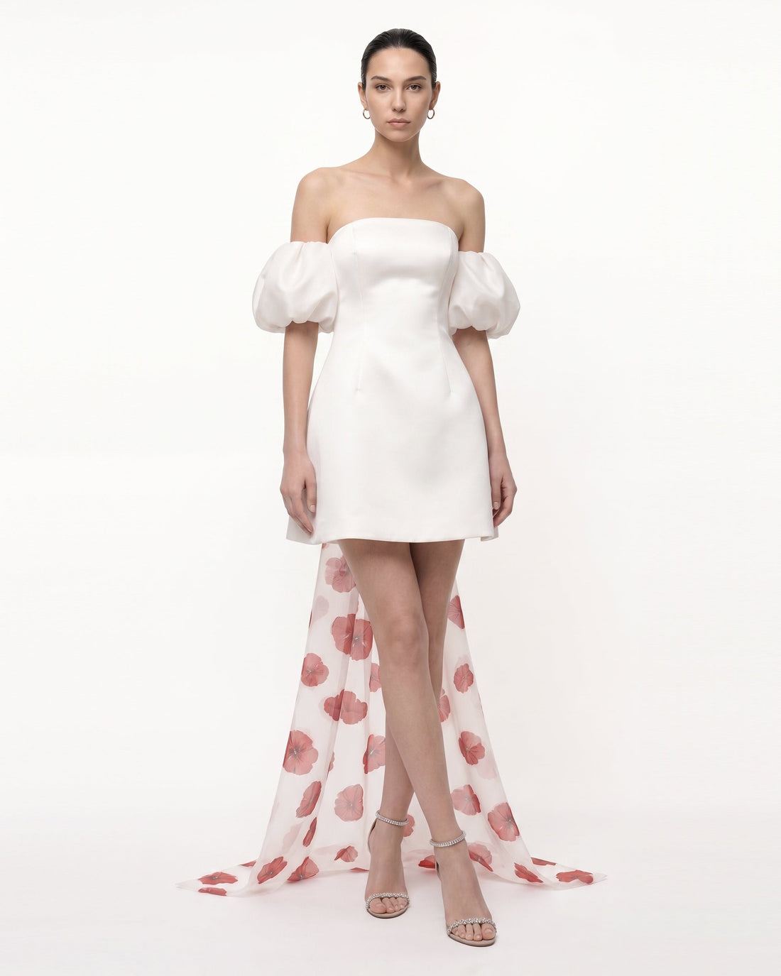 3D Floral Corn Poppy Puff-Sleeve Mini Dress with Train - Ivory