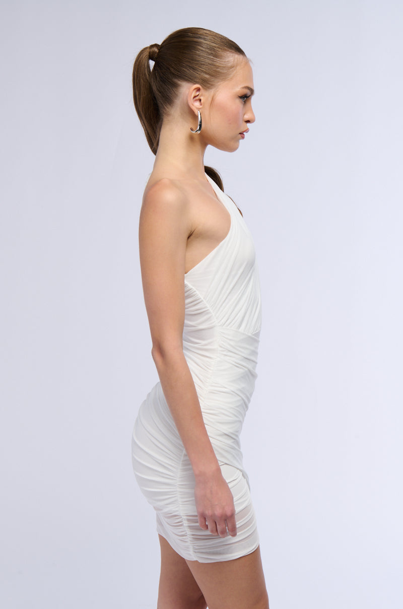 Giving Bawdy Ruched Mini Dress In White
