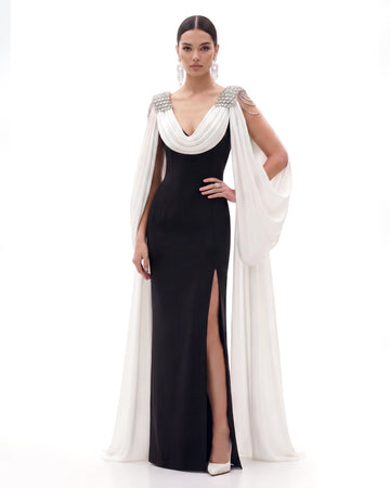 Crystal Shoulder Cape Maxi Dress - Black & Ivory
