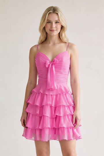 Pink Spaghetti Straps A Line Chiffon Ruffles Homecoming Dresses With Bow