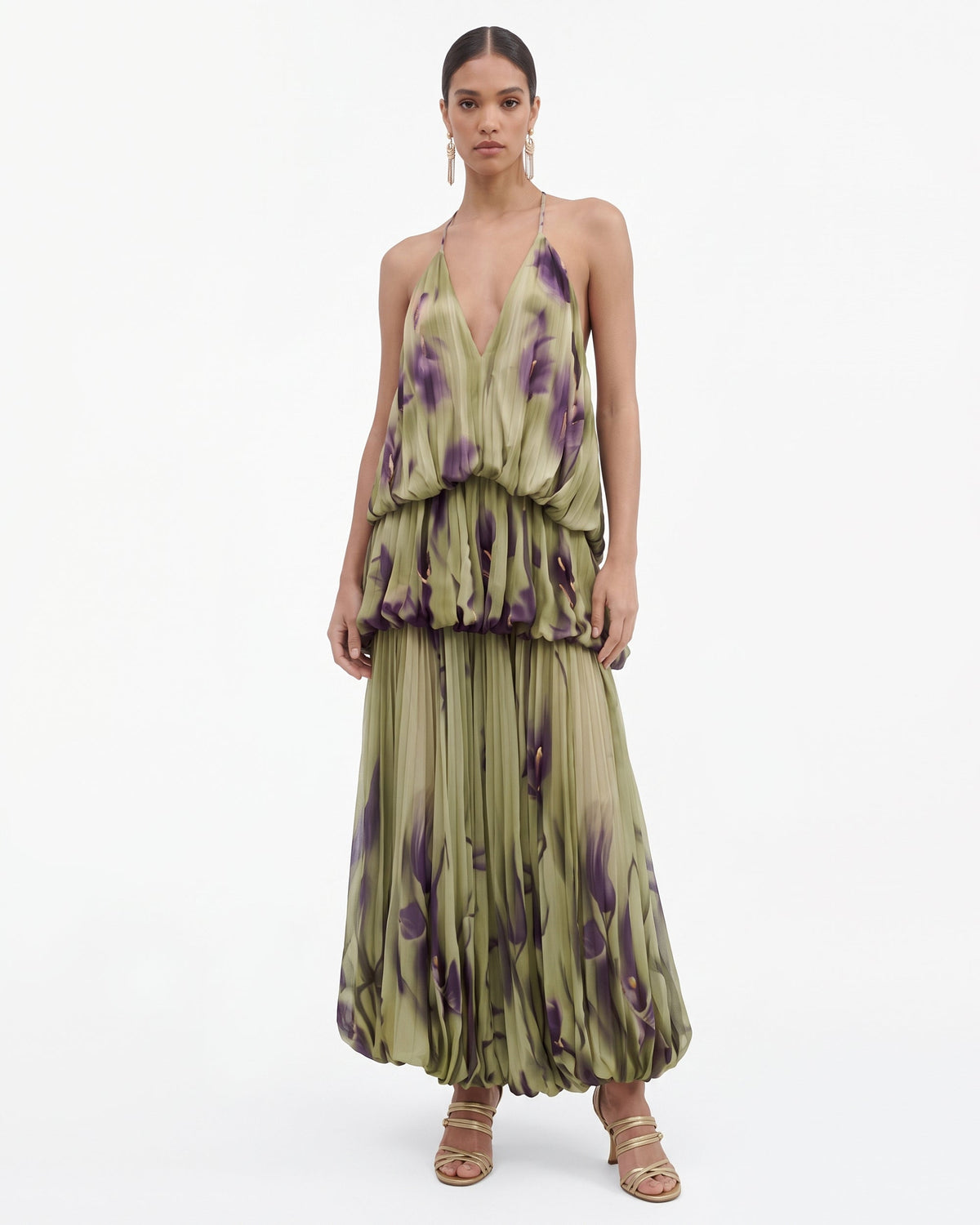 Floral Print Plunge-Neck Tiered Bubble-Hem Maxi Dress - Olive Green