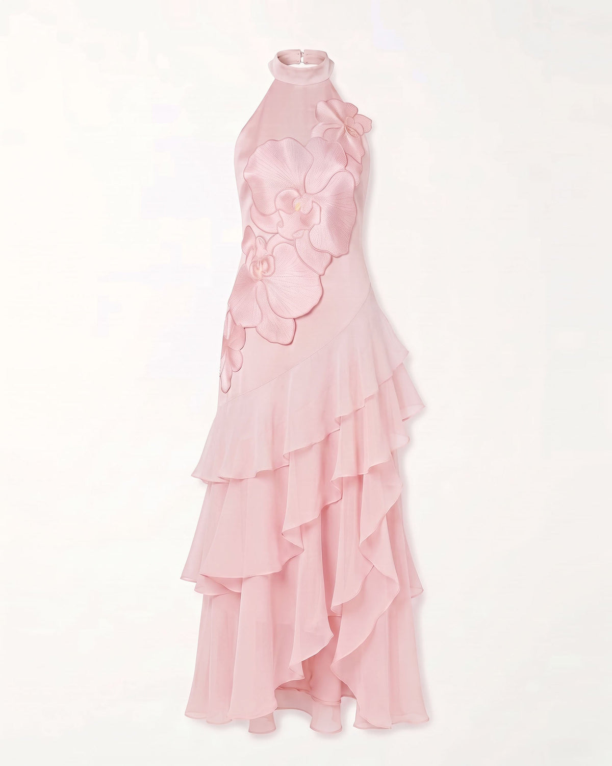 Orchid Embroidered Halter Asymmetric Layered Maxi Dress - Pink