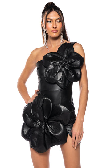 Gemma Floral Detail Faux Leather One Shoulder Mini Dress