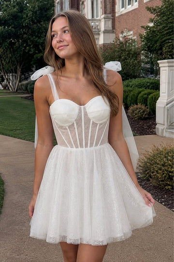 Tie Shoulder White Spraying A-Line Short Party Dress