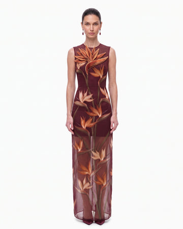 Bird of Paradise Appliqué Sheer Column Maxi Dress - Burgundy