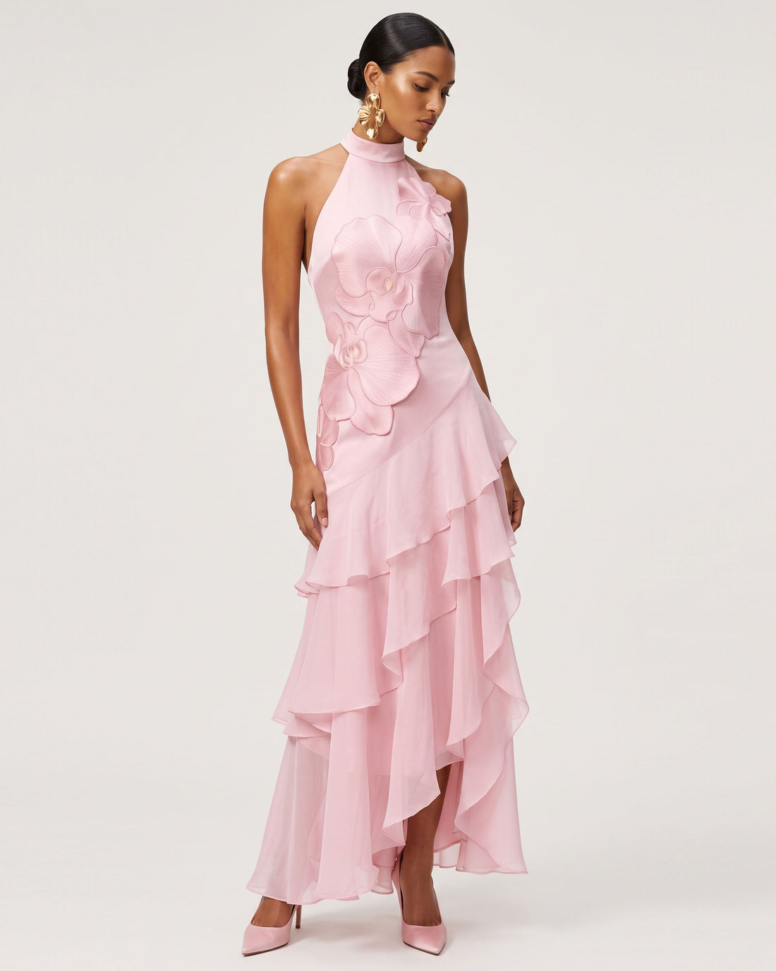 Orchid Embroidered Halter Asymmetric Layered Maxi Dress - Pink