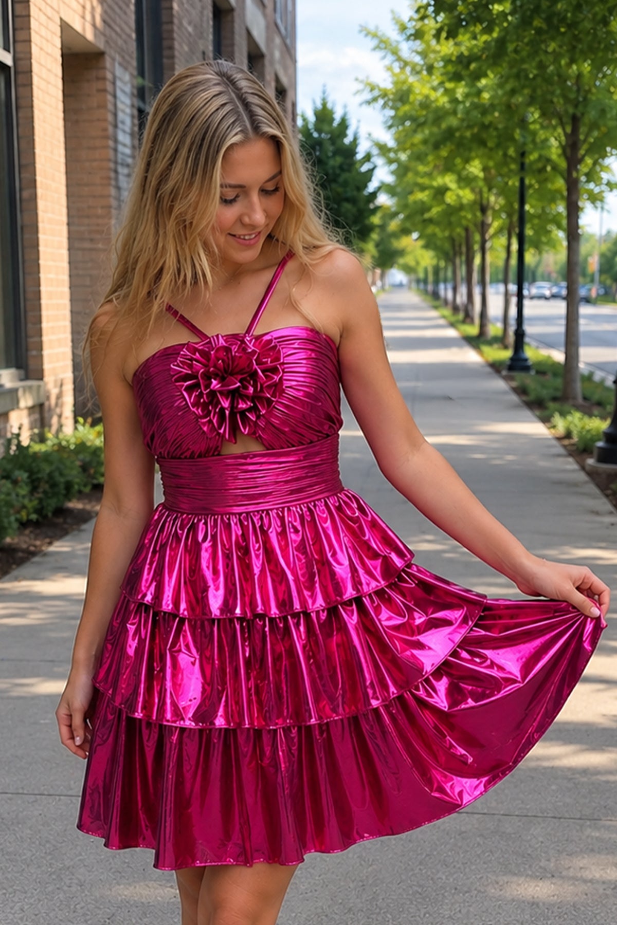 Magenta Keyhole A Line Metallic Homecoming Dress With Flower