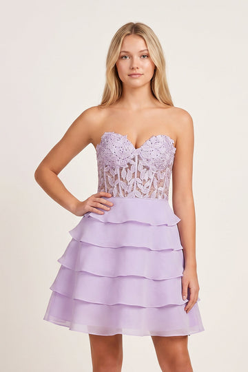 A-Line Strapless Tiered Corset Short Homecoming Dress with Appliques