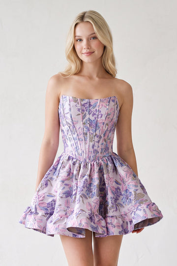 Purple Strapless A-Line Floral Homecoming Dress